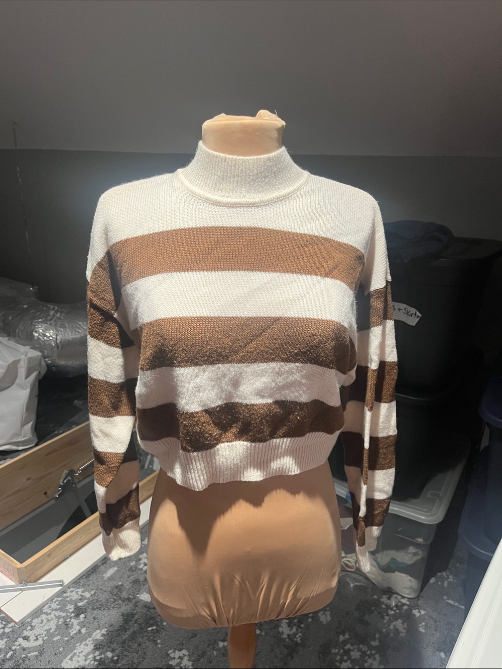 H&M Cropped Turtleneck Sweater in White and Brown Stripes